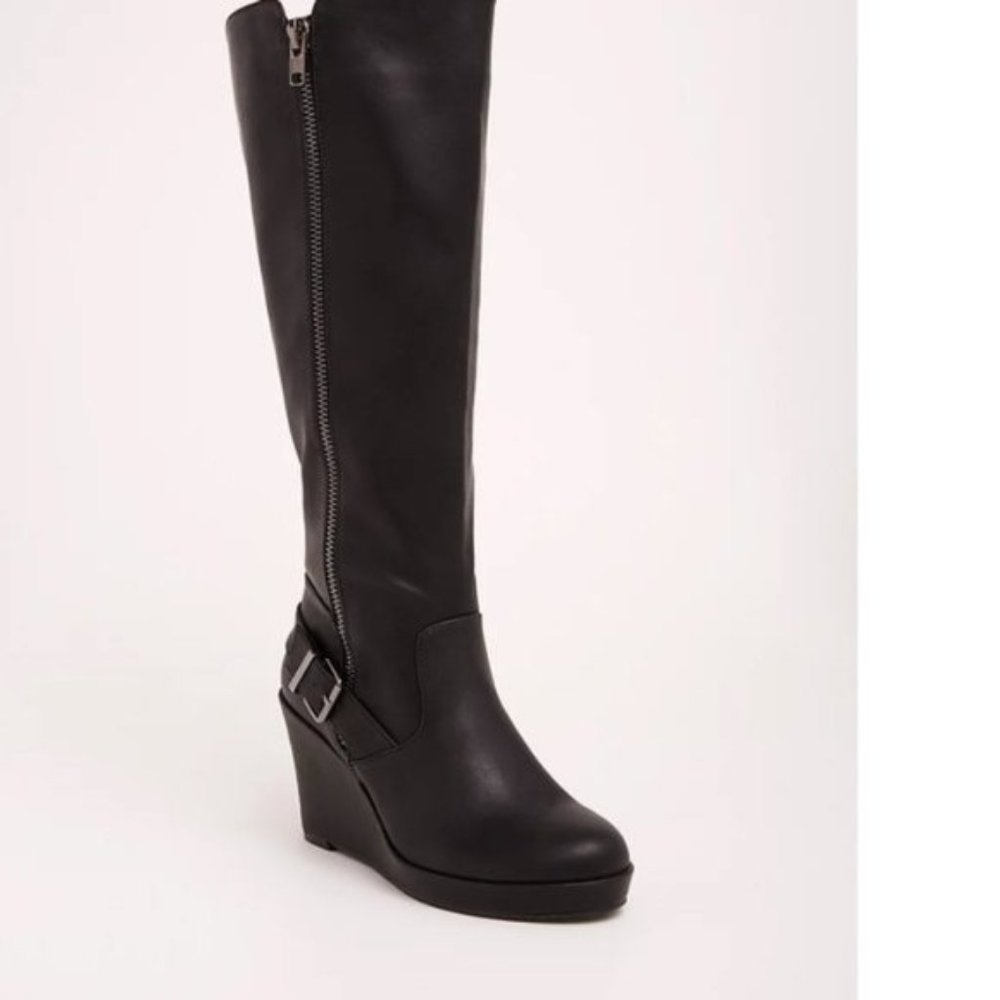 Torrid Black Buckled Knee High Wedge Boots Sz 11W